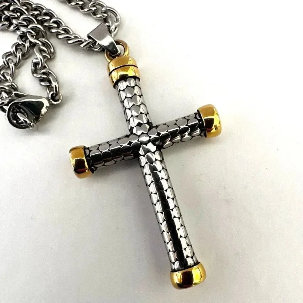 Gold tone stainless steel cross pendant necklace